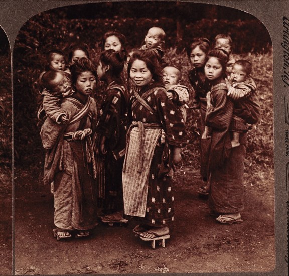 Group of Sisters Carrying Baby Brothers, Yokohama, Japan, Single Image of Stereo Card, circa 1904