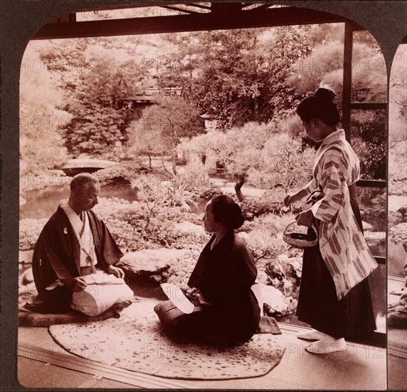 Two People Sitting in Japanese Garden, Kyoto, Japan, Single Image of Stereo Card, circa 1904