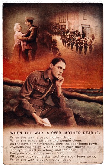 World War I Poster, English Soldier in France with Music Lyrics, When the War is Over Mother Dear, circa 1914