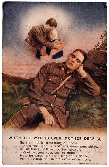 World War I Poster, English Soldier in France with Music Lyrics, When the War is Over Mother Dear, circa 1914