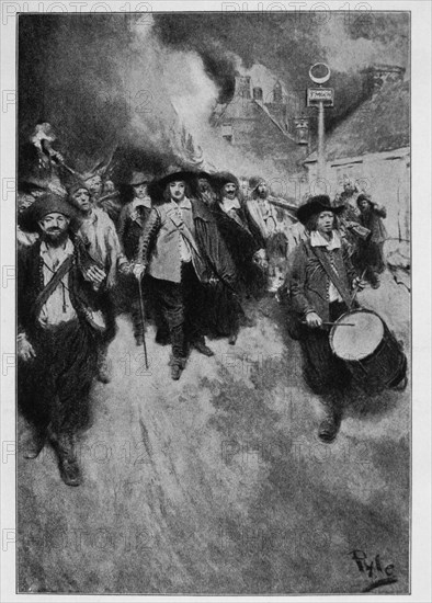 The Burning of Jamestown by Howard Pyle, 1905, Nathaniel Bacon and His Followers Burning Jamestown, Virginia During Bacon's Rebellion, 1676