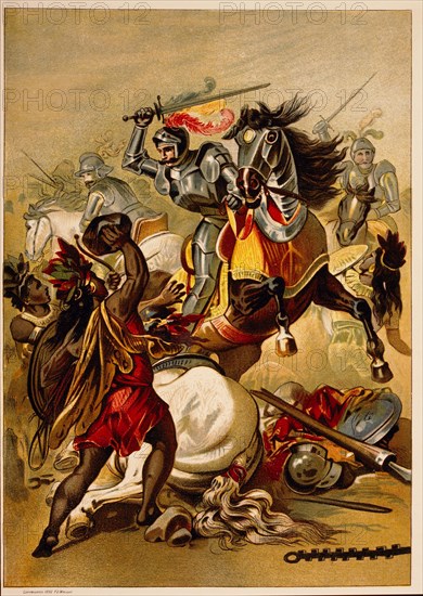 Hernan Cortes (1485-1547), Spanish Conquistador, Battle in Tlascalan Territory, Mexico, 1519, Chromolithograph from Painting by O. Graeff, 1892