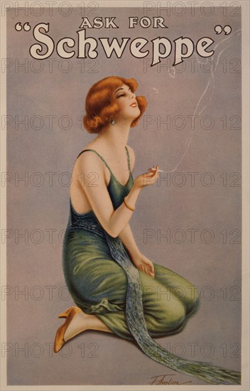 Sophisticated Woman Smoking Cigarette in Schweppes Advertisement, 1920