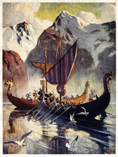 Viking Ship in Fjord, Lithograph, 1925 after Painting by Manning de V. Lee