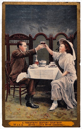 Couple in Restaurant Toasting Each Other With Wine Glasses, "A Twentieth Century Courtship", circa 1901