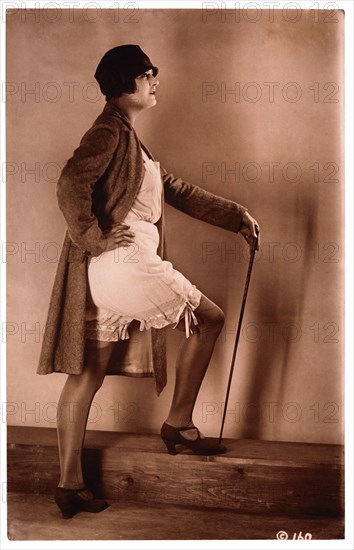 French Lingerie Model Wearing Bloomers, Profile, 1915