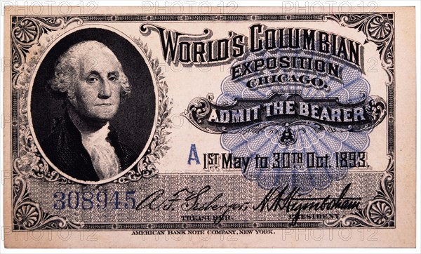 George Washington Engraving, Ticket to World's Columbian Exposition, Chicago, Illinois, 1893