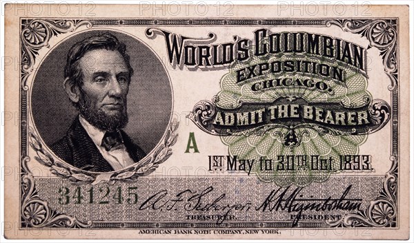 Abraham Lincoln Engraving, Ticket to World's Columbian Exposition, Chicago, Illinois, 1893