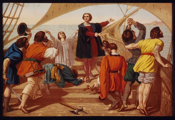 Christopher Columbus' First View of the New World Aboard the Santa Maria, 1492, Chromolithograph from the Book, Columbus and Columbia, 1892