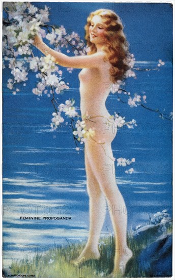 Sexy Nude Woman Admiring Tree Blossoms, "Feminine Propaganda", Mutoscope Card, 1940's