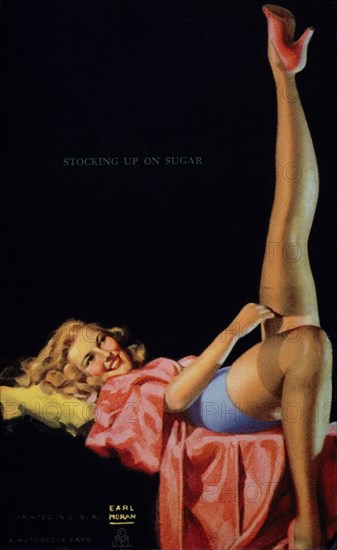 Sexy Woman Laying on Bed With One Leg Up in Air Showing Nylon Stocking, "Stocking up on Sugar", Mutoscope Card, 1940's