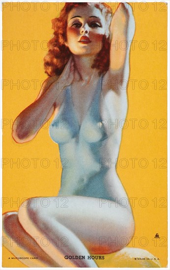 Sexy Woman in Revealing Bathing Suit, "Golden Hours", Mutoscope Card, 1940's