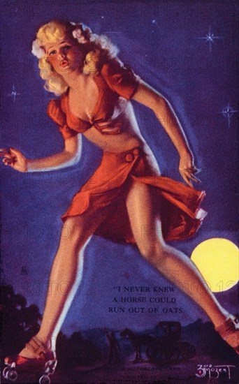 Sexy Woman on Roller skates, "I Didn't Know a Horse Could Run out of Oats", Mutoscope Card, 1940's