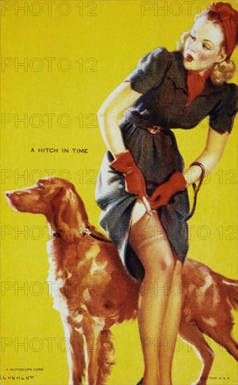 Sexy Woman With Dog Attaching Stocking to Garter Belt, "A Hitch in Time", Mutoscope Card, 1940's
