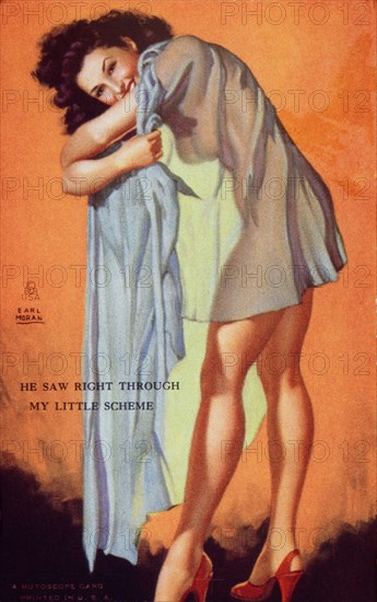 Sexy Woman Wearing See-Through Lingerie, "He Saw Right Through my Little Scheme", Mutoscope Card, 1940's