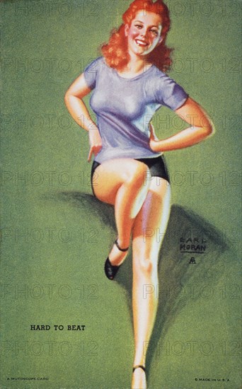 Sexy Woman Wearing Shorts and Tee Shirt, "Hard to Beat", Mutoscope Card, 1940's