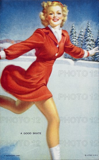 Sexy Woman Ice Skating, "A Good Skate", Mutoscope Card, 1940's