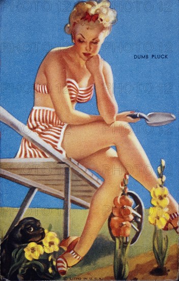 Sexy Woman Gardening With Small Dog, "Dumb Pluck" Mutoscope Card, 1940's