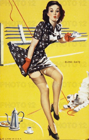 Dog Lifting Sexy Woman's Skirt by Raising Window Blind, "Blind Date", Mutoscope Card, 1940's