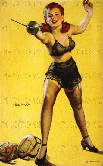 Sexy Woman in Black Lingerie Fencing, "Foil Proof", Mutoscope Card, 1940's