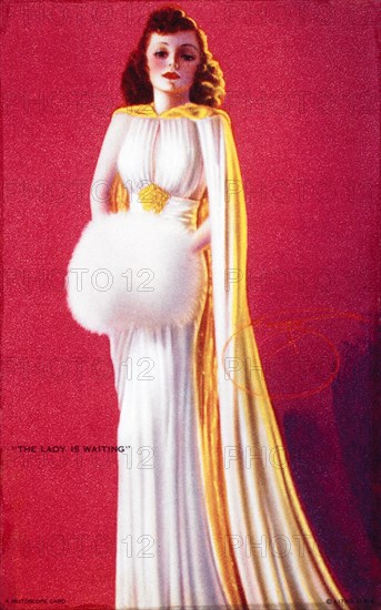 Sexy Woman Wearing Formal White Gown and Hand Muff, "The Lady is Waiting", Mutoscope Card, 1940's