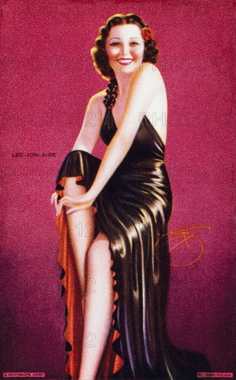 Sexy Woman in Black Gown Showing Legs, "Leg-ion-aire", Mutoscope Card, 1940's