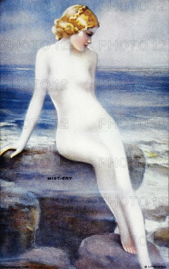 Sexy Woman Covered in Mist by Shore, "Mist-ery", Mutoscope Card, 1940's