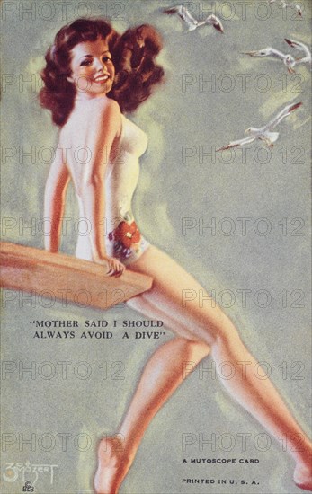 Sexy Woman in Bathing Suit Sitting on Diving Board, "Mother Said I Should Always Avoid a Dive",  Mutoscope Card, 1940's