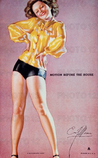 Sexy Woman Wearing Mini Shorts and Yellow Blouse, Portrait, "Motion Before the House", Mutoscope Card, 1940's
