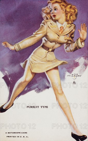 Sexy Woman Running in Officer's Uniform, "Pursuit Type", Mutoscope Card, 1940's