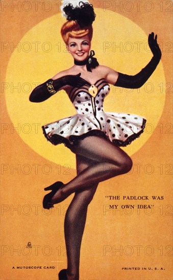 Sexy Showgirl Wearing Padlock on Chest, "The Padlock was my Own Idea", Mutoscope Card, 1940's