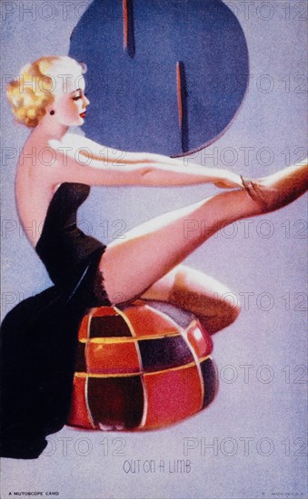 Sexy Woman in Lingerie Putting on Nylon Stockings, "Out on a Limb", Mutoscope Card, 1940's