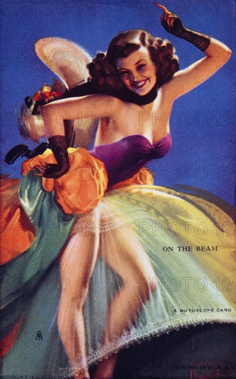 Sexy Woman in Colorful Dress Dancing, "On the Beam", Mutoscope Card, 1940's