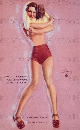 Sexy Woman Pulling Wool Shirt Over her Head, "Nobody's Going to Pull the Wool Over my Eyes", Mutoscope Card, 1940's
