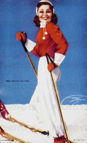 Sexy Woman Skiing, "Red, White and You", Mutoscope Card, 1940's