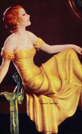 Sexy Woman Wearing Yellow Gown, "Right Dress", Mutoscope Card, 1940's