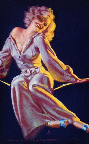 Sexy Woman Wearing Silk Nightgown, "Shy and Retiring", Mutoscope Card, 1940's