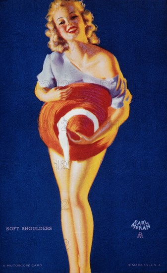 Sexy Woman Holding Large Hat Against Torso, "Soft Shoulders", Mutoscope Card, 1940's