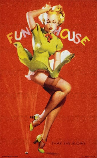 Sexy Woman With Dress Blowing Up in Air at Fun House, "Thar She Blows",  Mutoscope Card, 1940's