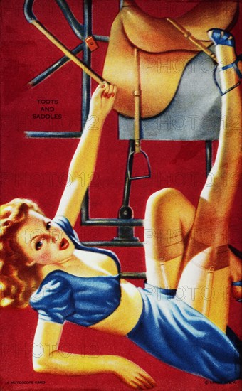Sexy Woman Riding Mechanical Bull, "Toots and Saddles", Mutoscope Card, 1940's