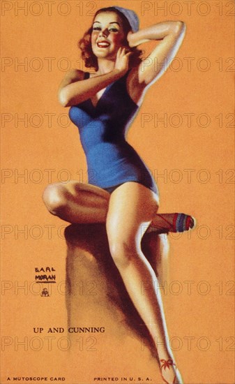 Sexy Woman Wearing Blue Bathing Suit, "Up and Cunning", Mutoscope Card, 1940's