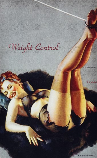Sexy Woman in Lingerie Laying Down With Legs Up, "Weight Control", Mutoscope Card, 1940's