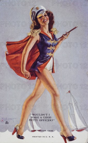 Sexy Woman Wearing Marching Band Uniform, "Wouldn't I Make a Good Petty Officer?", Mutoscope Card, 1940's