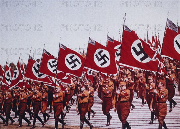 German SA Troops Marching with Nazi Flags at Rally, Nuremberg, Germany, 1933