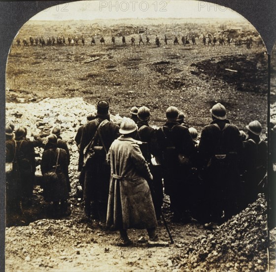 French Reserves Watching Troops Advance to Front Line, Single Image of Stereo Card, 1917