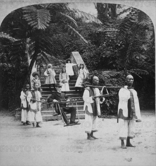 American Consul with his Family and Porters, Hong Kong, Single Image of Stereo Card, 1896