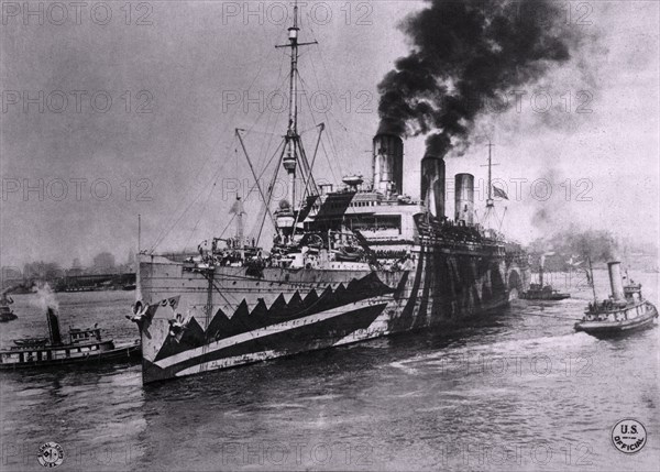 U.S.S. Leviathan, Formerly the German Liner Vaterland, in her Wartime Camouflage Paint, Leaving Hoboken, New Jersey, USA for France, 1918