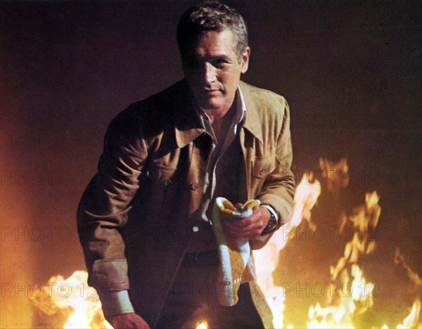 Paul Newman on-set of the Film, "Towering Inferno", 1974