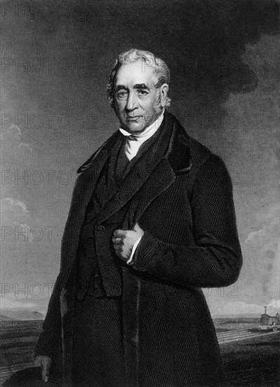George Stephenson (1781-1848), English Engineer, Noted Locomotive Builder, Close-Up Portrait, Engraving, 1873