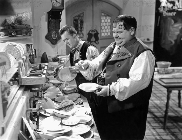 Stan Laurel and Oliver Hardy on-set of the Film, "Swiss Miss", 1938